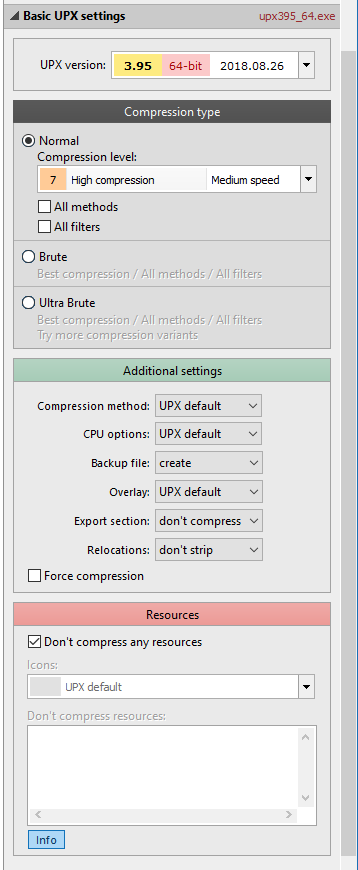UPX Basic settings