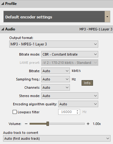 Default encoder settings