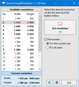 QuickChangeResolution - Main window