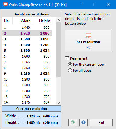 QuickChangeResolution - Main window